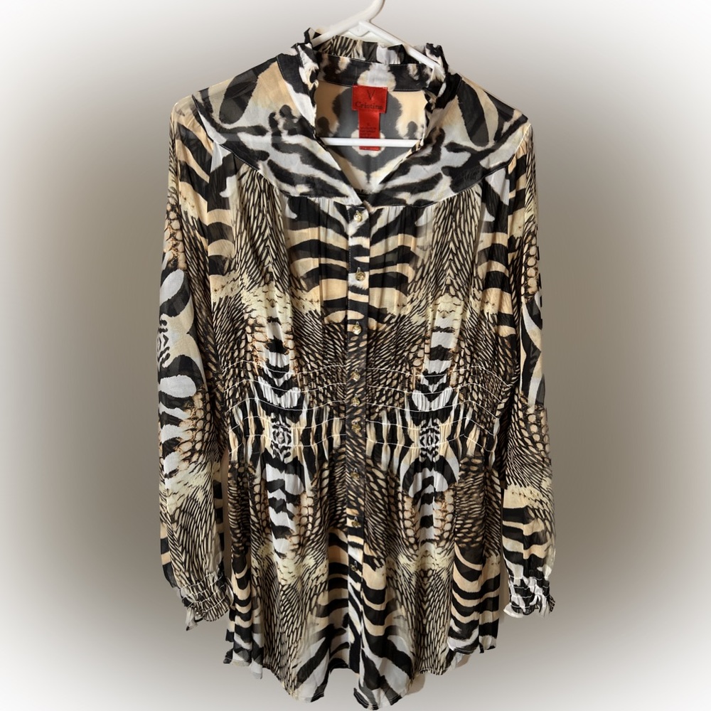 Animal print sheer button down blouse Cristina brand black and tan XL